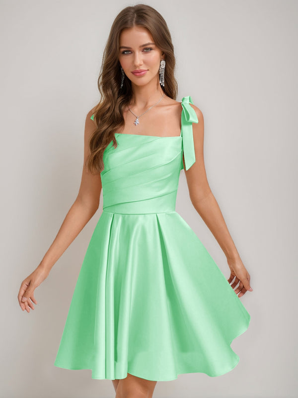 A-Line/Princess Square Pleated Mini Dresses Short Homecoming Dresses with Bow(s)