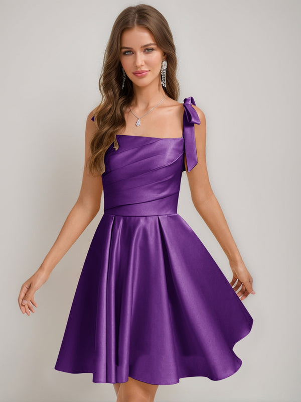 A-Line/Princess Square Pleated Mini Dresses Short Homecoming Dresses with Bow(s)