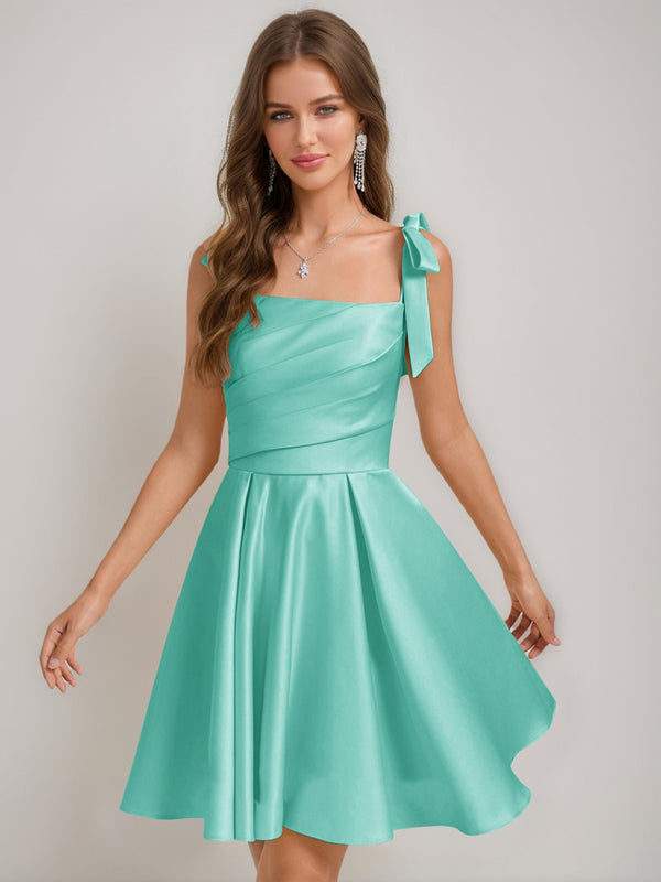 A-Line/Princess Square Pleated Mini Dresses Short Homecoming Dresses with Bow(s)