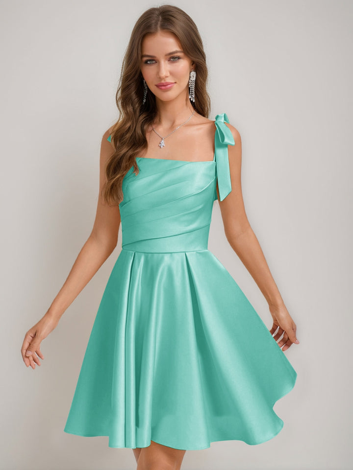 A-Line/Princess Square Pleated Mini Dresses Short Homecoming Dresses with Bow(s)