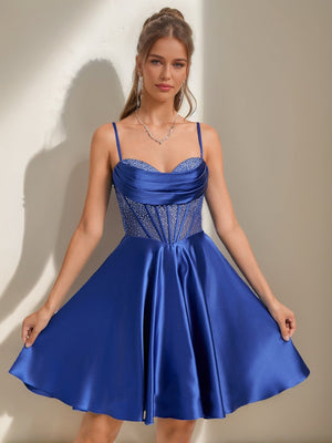 A-Line/Princess Cowl Straps Sleeveless Pleated Short Homecoming Dresses with Rhinestones
