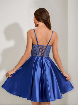 A-Line/Princess Cowl Straps Sleeveless Pleated Short Homecoming Dresses with Rhinestones
