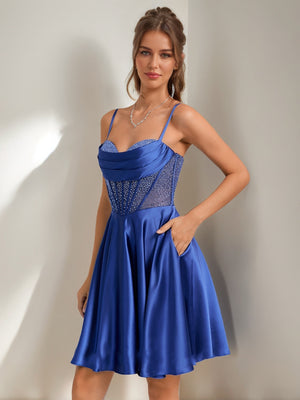 A-Line/Princess Cowl Straps Sleeveless Pleated Short Homecoming Dresses with Rhinestones