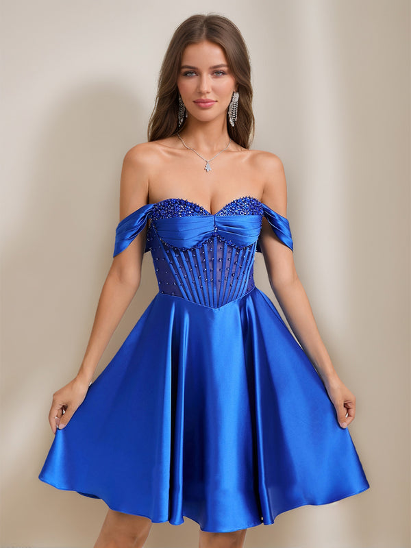 A-Line/Princess Off-the-Shoulder Short Elegant Homecoming Dresses with Rhinestones