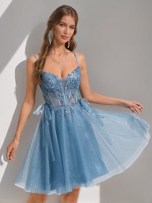 A-Line Spaghetti Straps Short/Mini Sweet Homecoming Dresses with Appliques