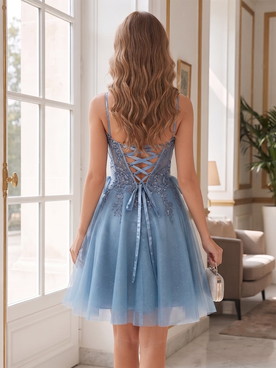 A-Line Spaghetti Straps Short/Mini Sweet Homecoming Dresses with Appliques