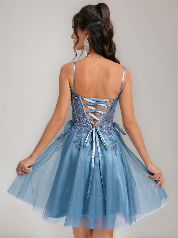 A-Line Spaghetti Straps Short/Mini Sweet Homecoming Dresses with Appliques