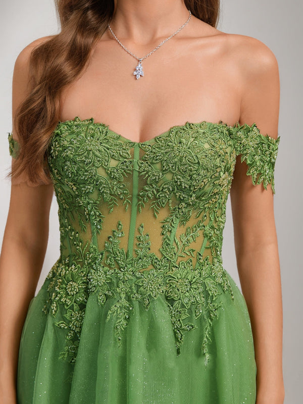 A-Line/Princess Off-the-Shoulder Tulle Short Homecoming Dresses with Appliques