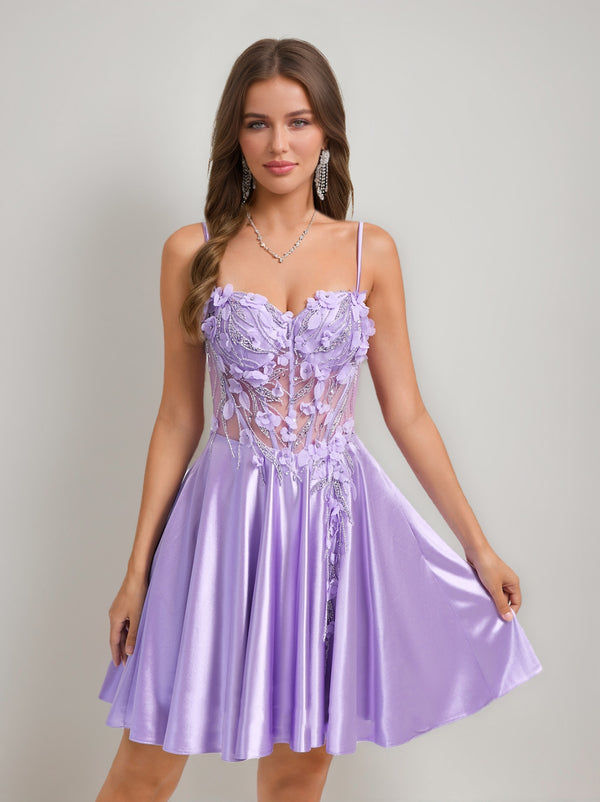 A-Line/Princess Sweetheart Beading Short Homecoming Dresses with 3D Floral