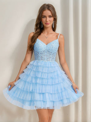 A-Line/Princess V-Neck Straps Ruffle Tiered Short Homecoming Dresses with Appliques