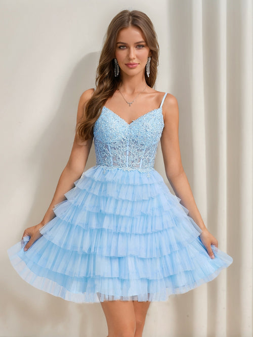 A-Line/Princess V-Neck Straps Ruffle Tiered Short Homecoming Dresses with Appliques