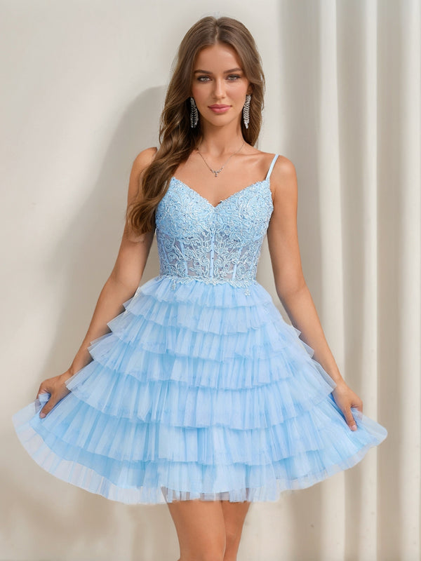 A-Line/Princess V-Neck Straps Ruffle Tiered Short Homecoming Dresses with Appliques