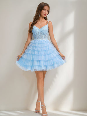 A-Line/Princess V-Neck Straps Ruffle Tiered Short Homecoming Dresses with Appliques