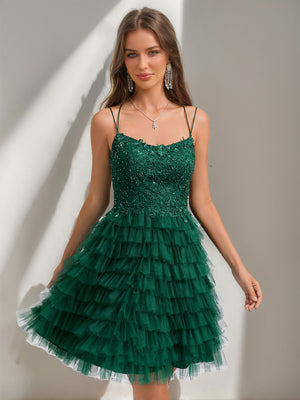 Ball Gown Spaghetti Straps Sequined Short Homecoming Dresses with Beadings & Appliques