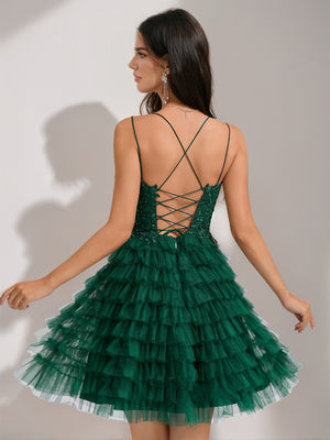 Ball Gown Spaghetti Straps Sequined Short Homecoming Dresses with Beadings & Appliques