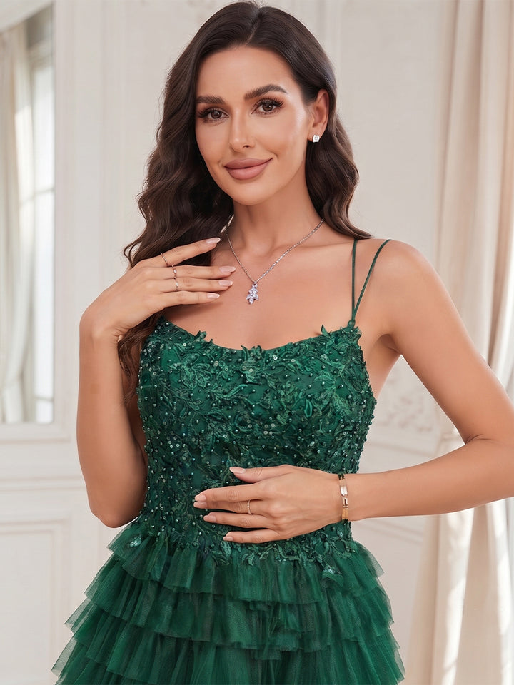 Ball Gown Spaghetti Straps Sequined Short Homecoming Dresses with Beadings &amp; Appliques