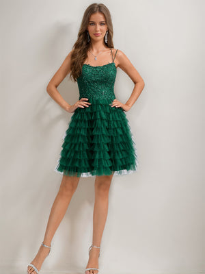 Ball Gown Spaghetti Straps Sequined Short Homecoming Dresses with Beadings & Appliques
