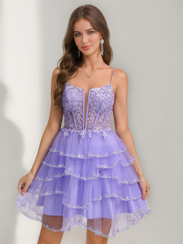 A-Line/Princess Spaghetti Straps Short/Mini Stylish Homecoming Dresses with Sequins & Ruffles