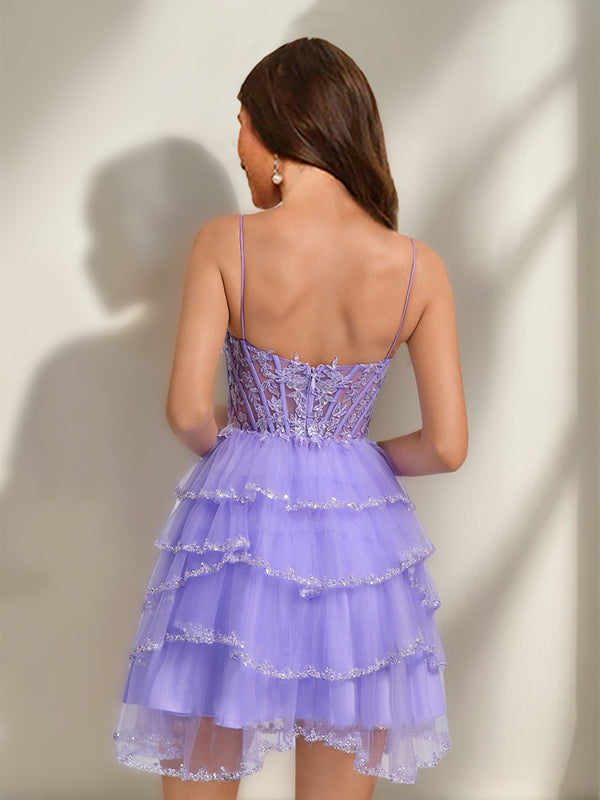 A-Line/Princess Spaghetti Straps Short/Mini Stylish Homecoming Dresses with Sequins & Ruffles