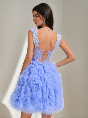 Ball Gown Sweetheart Short Tulle Homecoming Dresses with Lace Appliques & Pleats