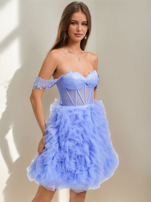 Ball Gown Sweetheart Short Tulle Homecoming Dresses with Lace Appliques & Pleats