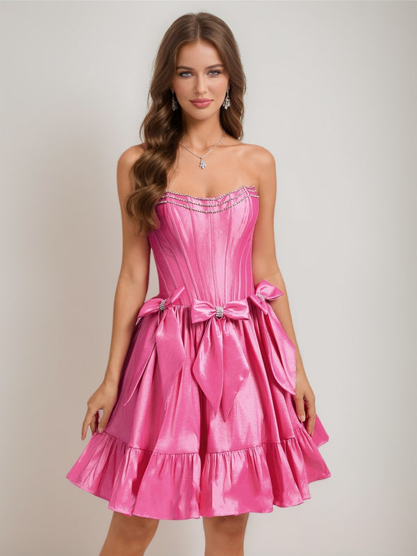 A-Line/Princess Strapless Ruffle Short Homecoming Dresses with Rhinestones & Bow