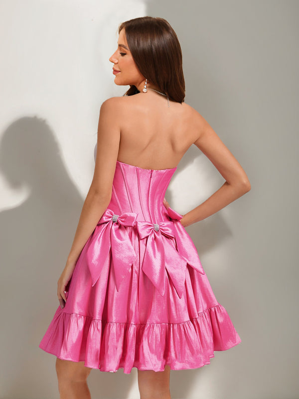 A-Line/Princess Strapless Ruffle Short Homecoming Dresses with Rhinestones & Bow