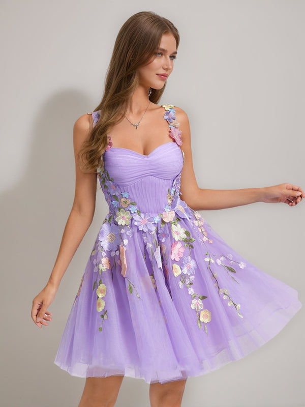 A-Line/Princess Sweetheart Sleeveless Pleated Tulle Homecoming Dresses with Appliques