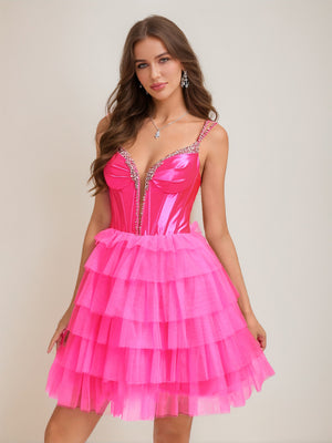 Ball Gown V-Neck Sleeveless Short Homecoming Dresses with Tiered Ruffles & Rhinestones
