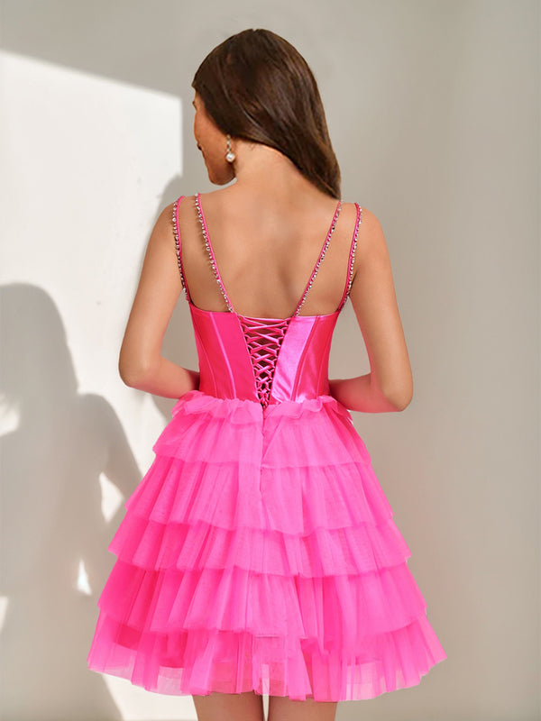 Ball Gown V-Neck Sleeveless Short Homecoming Dresses with Tiered Ruffles & Rhinestones