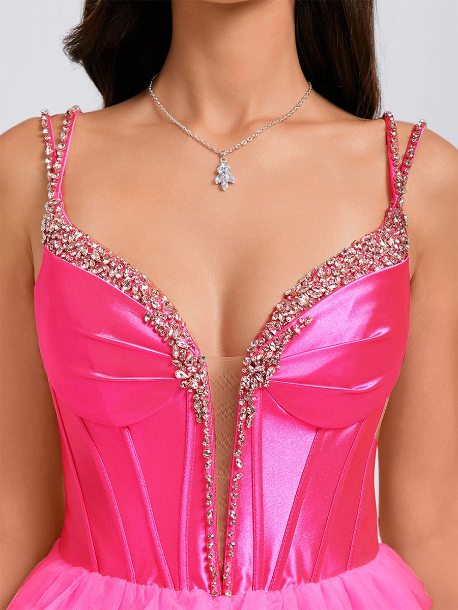 Ball Gown V-Neck Sleeveless Short Homecoming Dresses with Tiered Ruffles &amp; Rhinestones