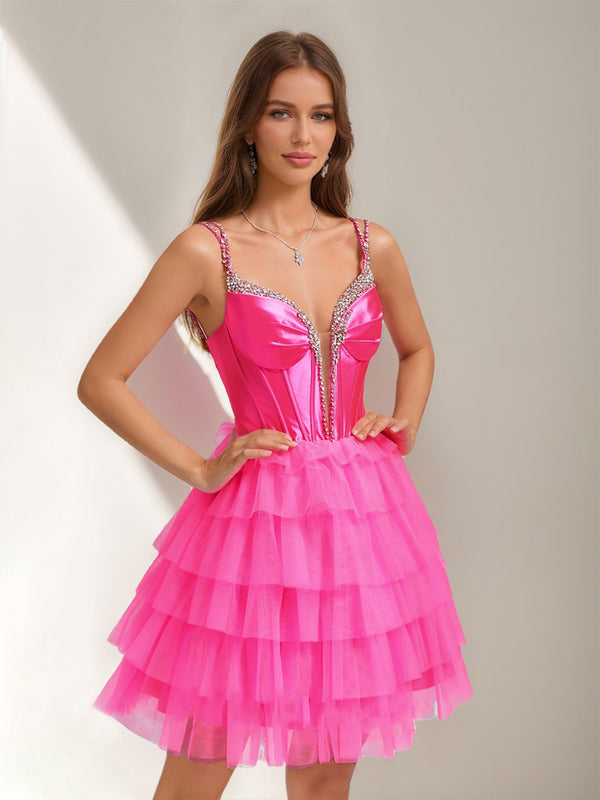 Ball Gown V-Neck Sleeveless Short Homecoming Dresses with Tiered Ruffles & Rhinestones