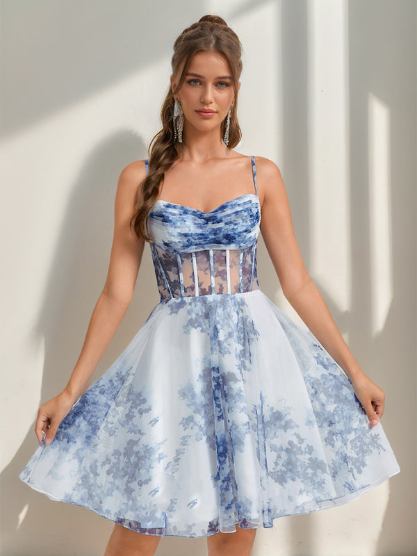 A-Line/Princess Sweetheart Printed Floral Short/Mini Homecoming Dresses