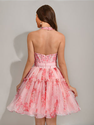 A-Line/Princess Sweetheart Printed Floral Short Homecoming Dresses with Ruffles