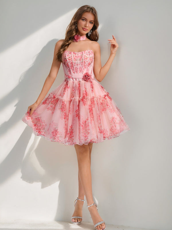 A-Line/Princess Sweetheart Printed Floral Short Homecoming Dresses with Ruffles