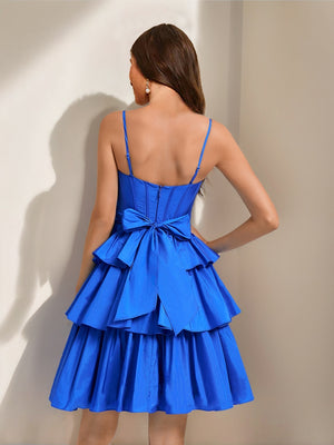A-Line/Princess Straps Ruffle Tiered Short Homecoming Dresses with Bow
