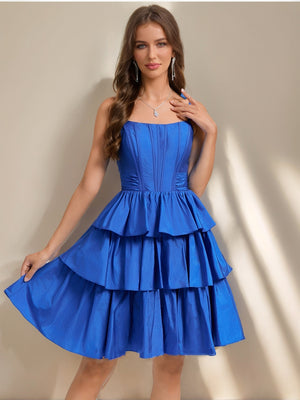 A-Line/Princess Straps Ruffle Tiered Short Homecoming Dresses with Bow