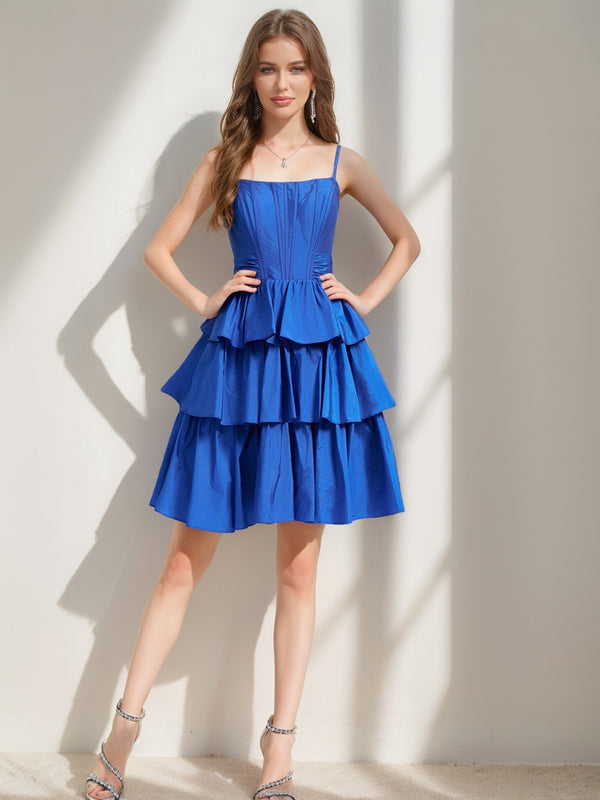 A-Line/Princess Straps Ruffle Tiered Short Homecoming Dresses with Bow