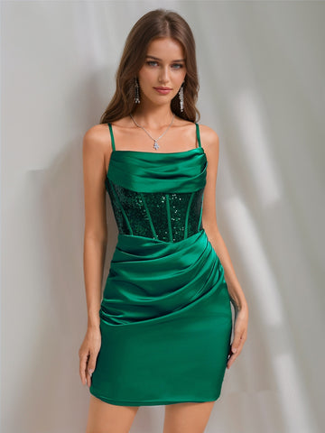 Sheath/Column Cowl Straps Sleeveless Ruched Short Homecoming Dresses with Sequins