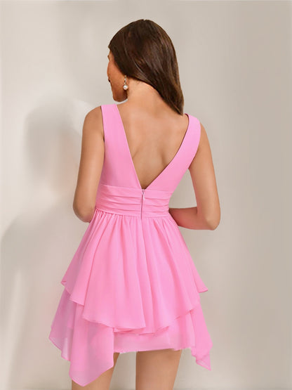 A-Line/Princess V-Neck Pleated Asymmetrical Chiffon Short Homecoming Dresses
