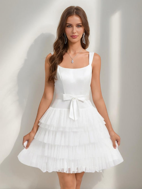 A-Line/Princess Square Sleeveless Tiered Short Homecoming Dresses with Bow