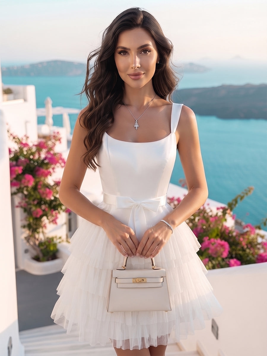 A-Line/Princess Square Sleeveless Tiered Short Homecoming Dresses with Bow
