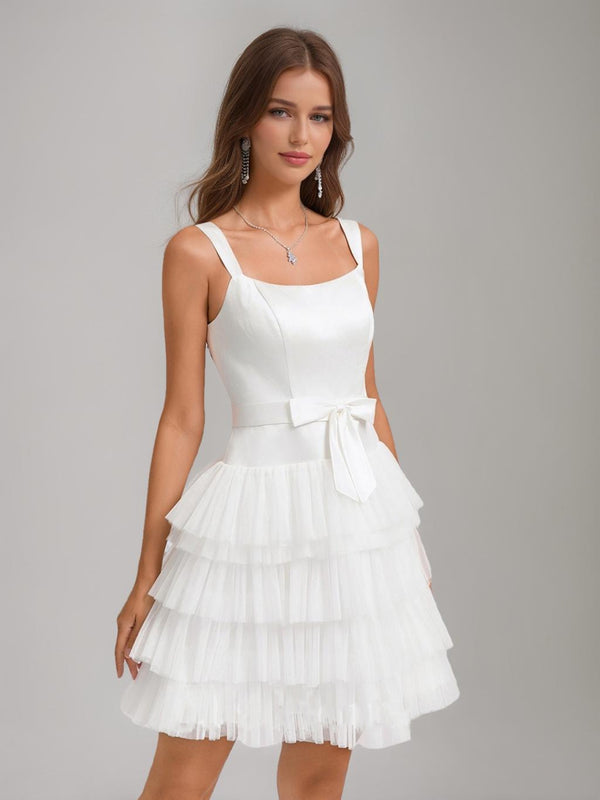 A-Line/Princess Square Sleeveless Tiered Short Homecoming Dresses with Bow