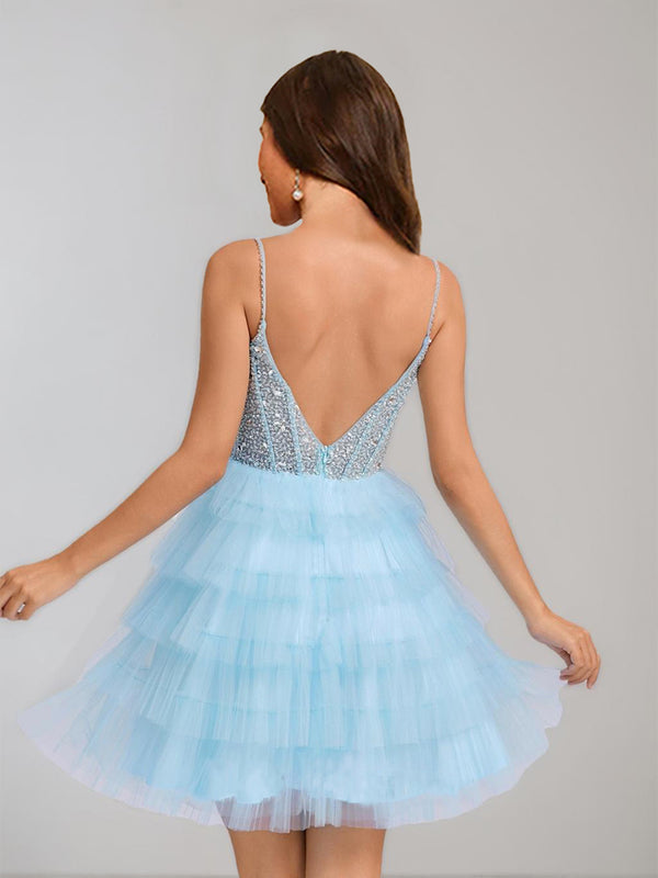 Ball Gown V-Neck Tulle Short Homecoming Dresses with Rhinestone & Tiered Ruffles