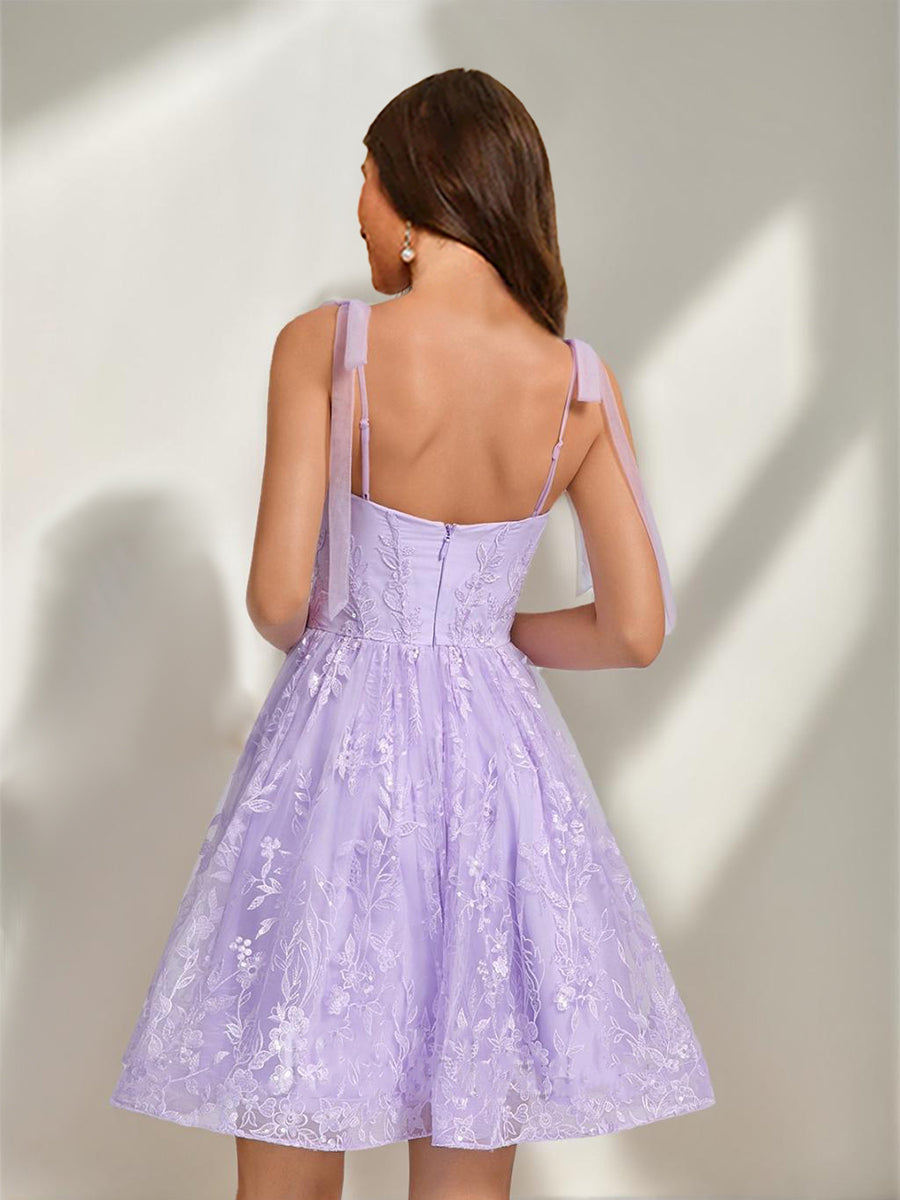 A-Line/Princess Sweetheart Sleeveless Sequined Short Homecoming Dresses with Bow &amp; Appliques