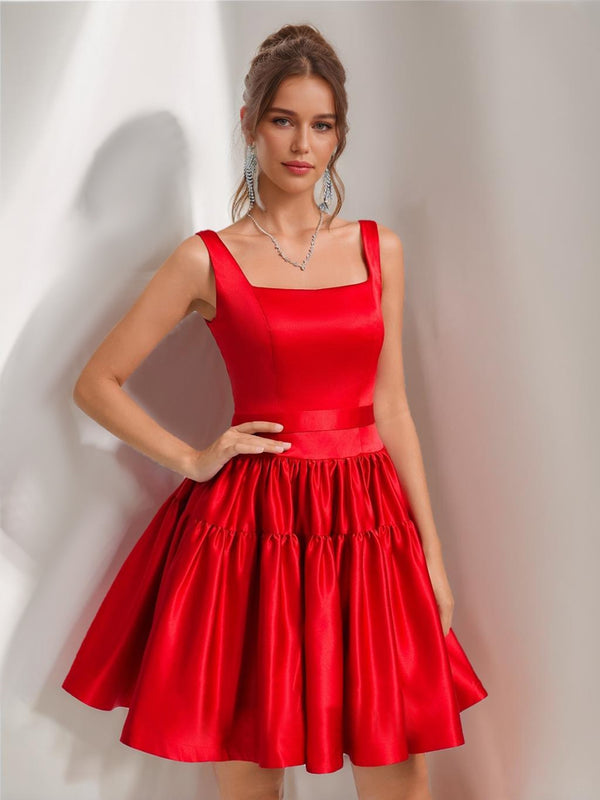 Ball Gown Square Neck Satin Short Homecoming Dresses with Pleats