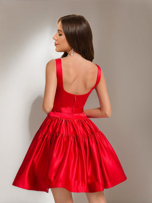 Ball Gown Square Neck Satin Short Homecoming Dresses with Pleats