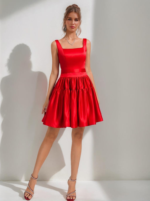 Ball Gown Square Neck Satin Short Homecoming Dresses with Pleats