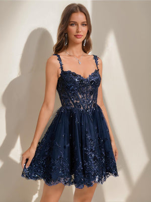 Ball Gown V-Neck Sequins Lace Tulle Short Homecoming Dresses