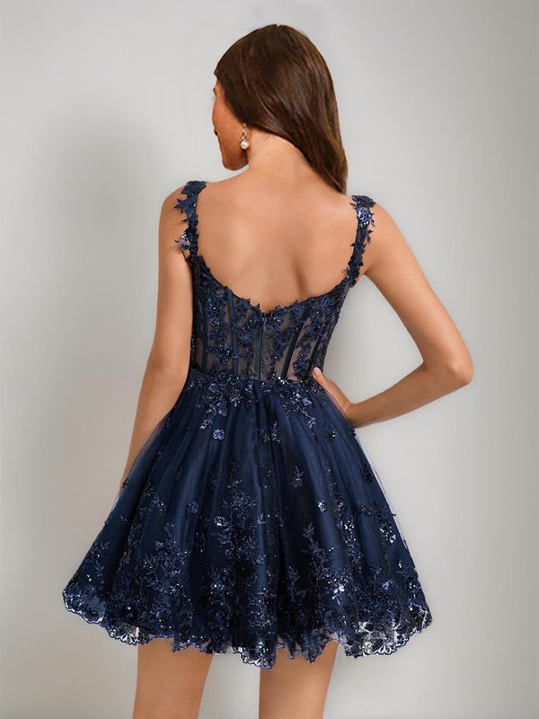 Ball Gown V-Neck Sequins Lace Tulle Short Homecoming Dresses